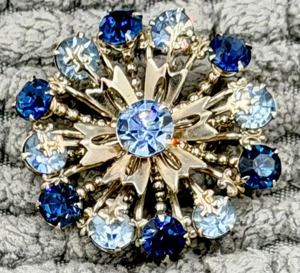 Vintage CORO Mid-Century Atomic Starburst Tiered Blue Rhinestone Brooch Pin